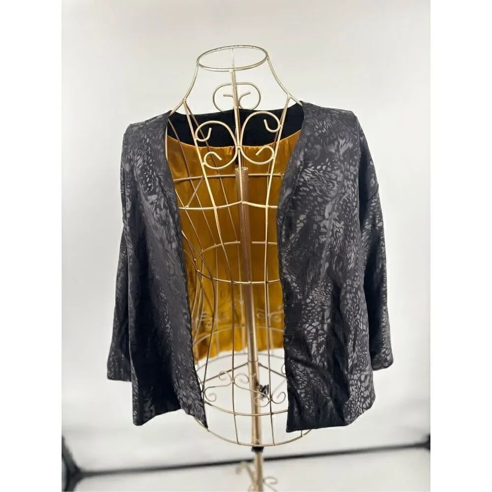 Marla Wynne Jacquard Open Front Jacket Size Medium Black Gold Lined
